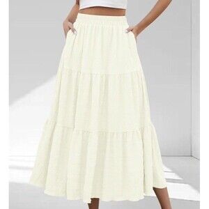 Melloday Tiered Maxi Skirt Women Beige Excellent Button Front Sz S Long Summer